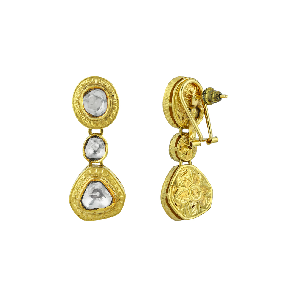 Geometric Polki Earrings with Textured Gold Frames